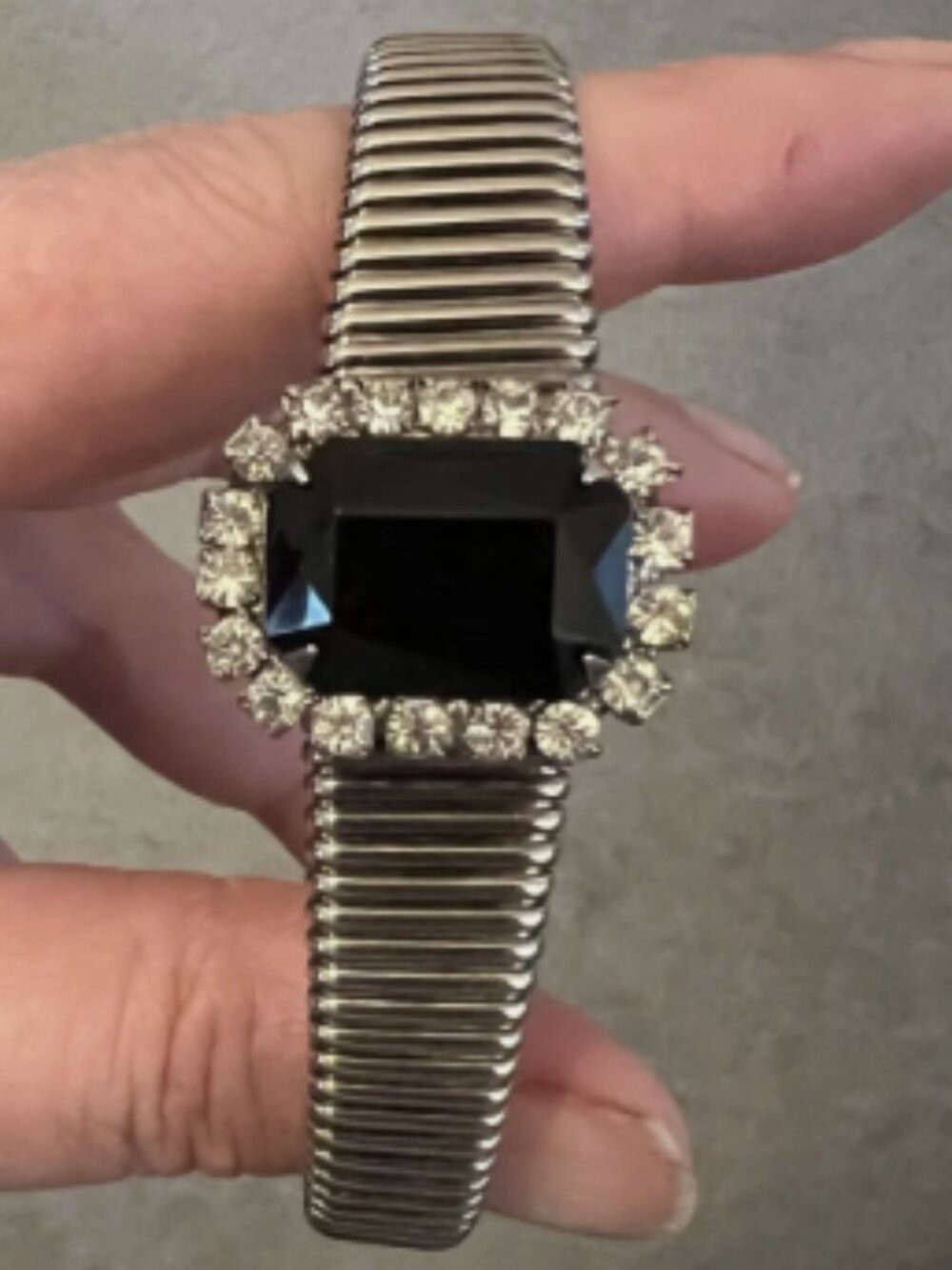 Vintage 1960's Art Deco bracelet Silver tone Flex Band Black Stone w Rhinestones